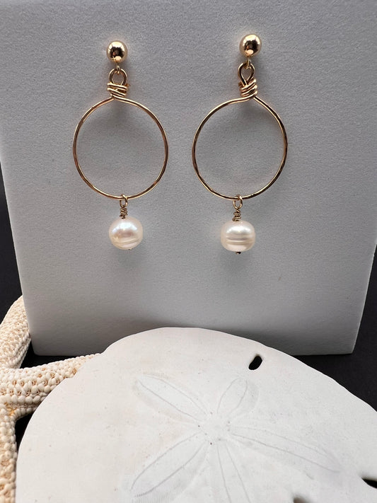 Ball and Hoop 14K Gold Filled Pearl Earrings