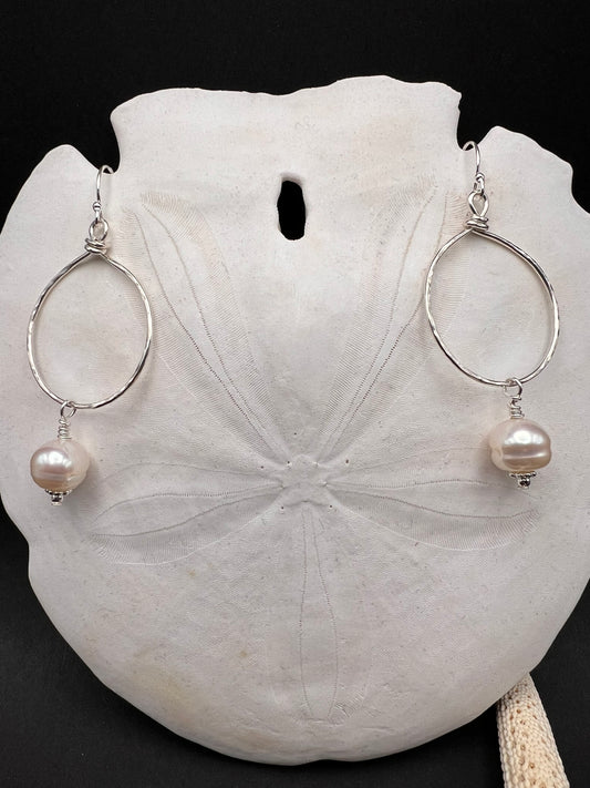 Dangle Hoop Sterling Silver Pearl Earrings